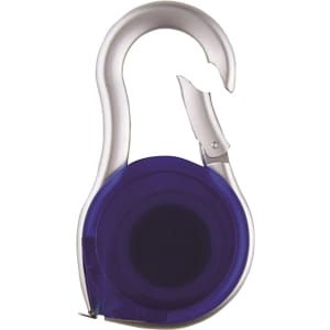 A purple carabiner tape measure with a silver hook. The casing is round and compact, showcasing its tool functionality.