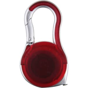 A red carabiner tape measure with a shiny silver clip. Features a compact, round design for easy carrying.