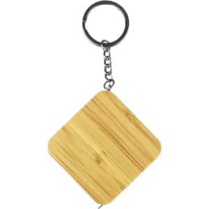 A bamboo tape measure key ring in a square shape, attached to a silver keychain.
