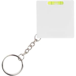 A white tape measure with a keyring and a small level attached to it.