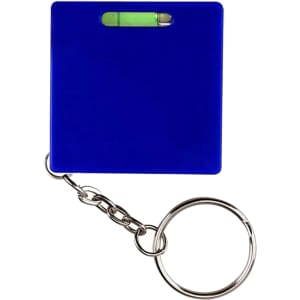 A blue Leveller Tape Measure keyring featuring a small level bubble. Includes a metal keyring attachment.