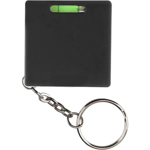 A black Leveller Tape Measure on a keyring, featuring a small level for precise measurements.