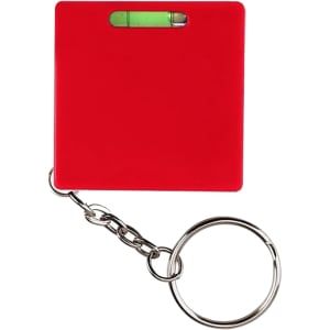 A red leveller tape measure attached to a keyring, featuring a small spirit level.