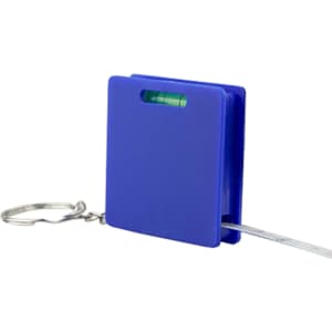 A blue Leveller Tape Measure with a keyring attachment and a small bubble level on top.