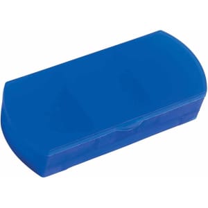 A blue travel pill box with a curved top and a secure closure. It features a smooth surface and a compact design.
