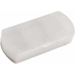 A travel pill box in a translucent white colour, featuring a simple, rounded design and a logo.