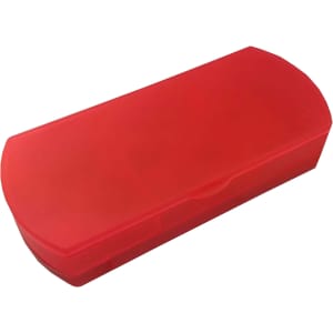 A red travel pill box with a hinged lid, designed for storing medication securely. It has a smooth surface and a compact shape.