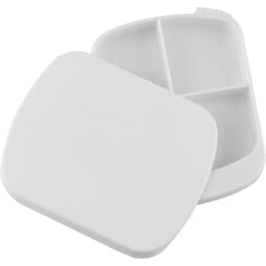 A white pill box with a hinged lid, featuring divided sections for organising medications. Includes a logo.