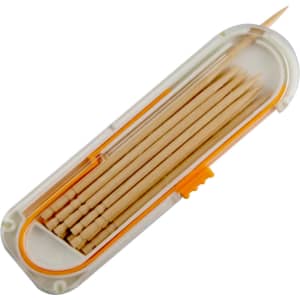 A container of wooden toothpicks with a clear and orange case, holding multiple toothpicks inside.