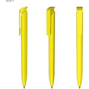 A yellow plastic pen with a glossy finish and a clip, featuring multiple angles of the product.