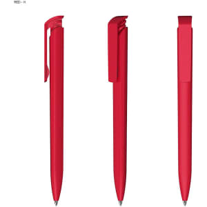 A red plastic pen displayed from three angles, featuring a sleek design and a clip. The pen has a glossy finish and logo.