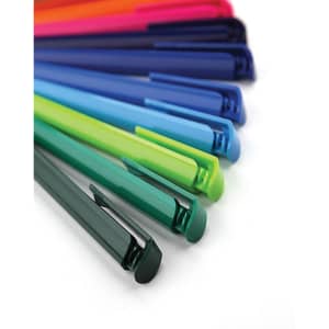A collection of plastic pens in vibrant colours, including pink, purple, blue, green, and dark blue, with a logo.
