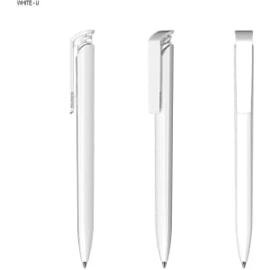 A white plastic pen featuring a sleek design and a clip, presented from three different angles.