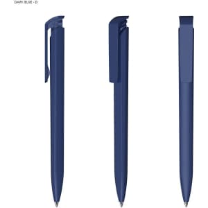 A dark blue plastic pen featuring a sleek design and a clip for easy attachment. The pen has a glossy finish and branding.