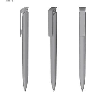 A grey plastic pen with a high gloss finish, featuring a clip and a sleek design, shown from multiple angles.