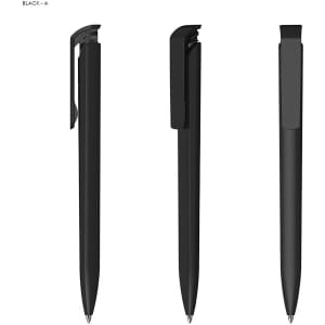 A black plastic pen with a high gloss finish, shown from three different angles. It features a clip and has branding.