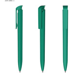 A plastic pen in dark green, displayed from multiple angles, featuring a clip and smooth finish.