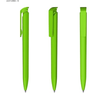 A light green plastic pen displayed from three angles, featuring a clip and a glossy finish.