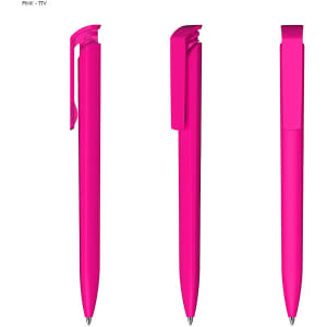 A plastic pen in vibrant pink, featuring a clip and smooth body design. The pen has a shiny, high gloss finish.