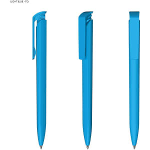 A plastic pen in light blue featuring a sleek design and a clip, shown from three angles.