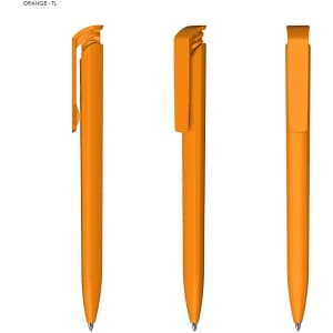 An orange plastic pen featuring a sleek design and a clip for convenience, with a glossy finish.