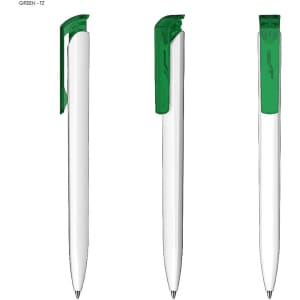 A white plastic pen with a green clip, featuring a sleek design and a simple branding logo.