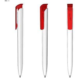 A plastic pen in white with a red clip, displayed from multiple angles. The pen features a sleek design and has branding.