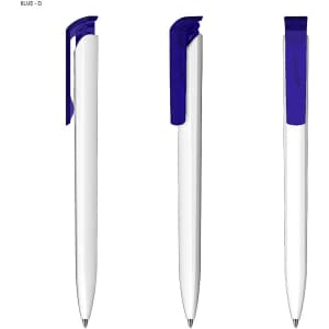 A plastic pen with a white barrel and a blue clip, displayed from multiple angles. It features a logo.
