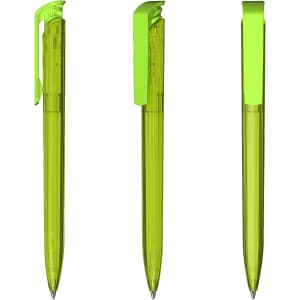 A transparent high gloss green plastic pen with a distinctive clip and sleek design.