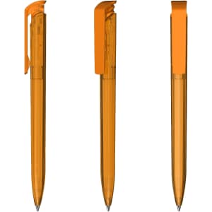 A transparent high gloss plastic pen in vibrant orange, showcasing three different angles. It features a simple clip design.