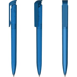 A transparent high gloss blue plastic pen displayed from three angles, featuring a clip and a sleek design.