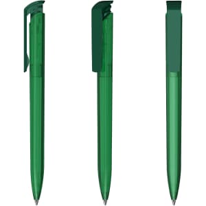 A green plastic pen with a high gloss finish, featuring a clip and a sleek design, is shown from three angles.