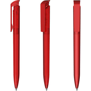 A red transparent pen featuring a gloss finish, displayed from three angles with a clip and a logo.