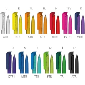 A collection of "Trias Transparent High Gloss" plastic pens in various colours, featuring multiple styles and a logo.