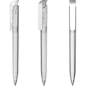 A transparent high gloss plastic pen in three different views, showcasing its sleek design with a clip.