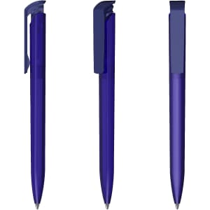 A transparent high gloss plastic pen in a deep blue colour, featuring a clip and a sleek design.