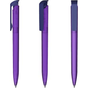 A transparent high gloss plastic pen in vibrant purple, featuring a sleek design and a clip.