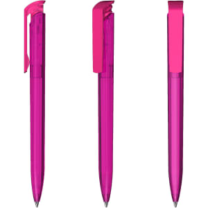 A transparent high gloss pen in vibrant pink, featuring a clip and a sleek design. There is branding visible on the barrel.