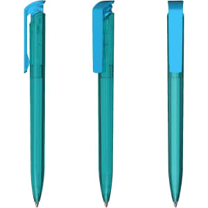 Transparent high gloss pen in teal with a blue clip, featuring a sleek, modern design.