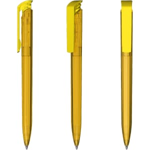 Transparent high gloss plastic pens in vibrant yellow, featuring a sleek design and a clip on top.