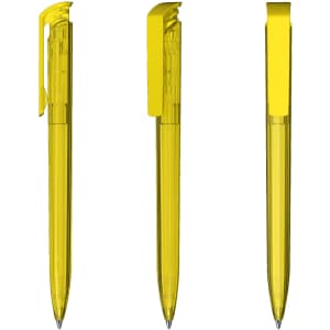 A transparent high gloss yellow plastic pen with a clip, showcased from three different angles.