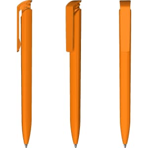 An orange plastic pen featuring a high-gloss finish and a clip, shown from three angles.