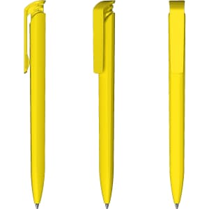 A yellow plastic pen displayed from three angles, featuring a sleek design and a clip.