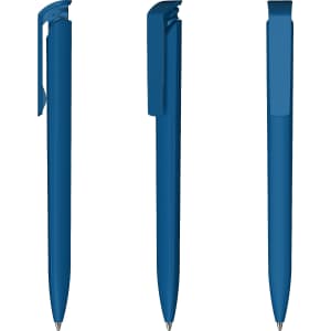 A blue plastic pen with a sleek design, featuring a clip and a high-gloss finish. It has branding on its body.
