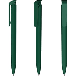 A set of three dark green plastic pens with a soft-touch finish, featuring clips and a glossy sheen.