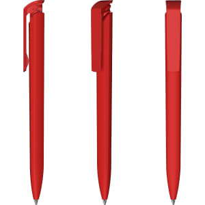 A set of three red plastic pens with a glossy finish and clips, featuring a sleek design.