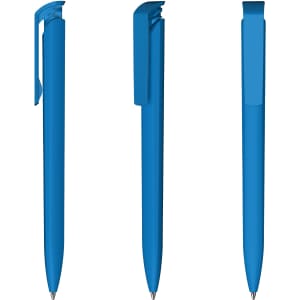 A blue plastic pen featuring a high gloss finish and a clip on the side, displayed from three angles.