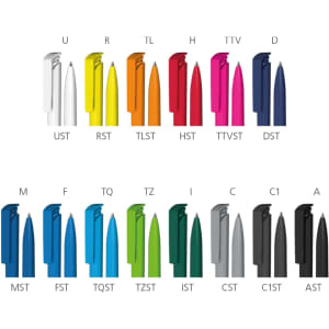 A collection of Trias Softtouch high gloss plastic pens in various colours, featuring a logo on each pen.