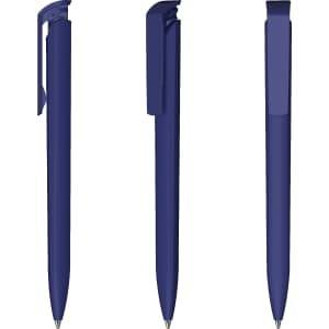 A blue plastic pen displayed from three angles, featuring a sleek design and a clip. It has a branding logo.