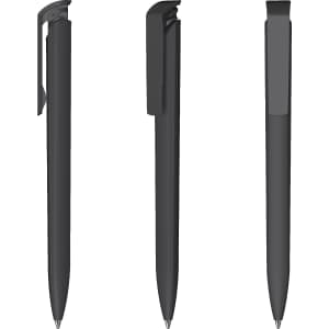 A sleek black plastic pen with a high gloss finish, featuring a clip and logo design.